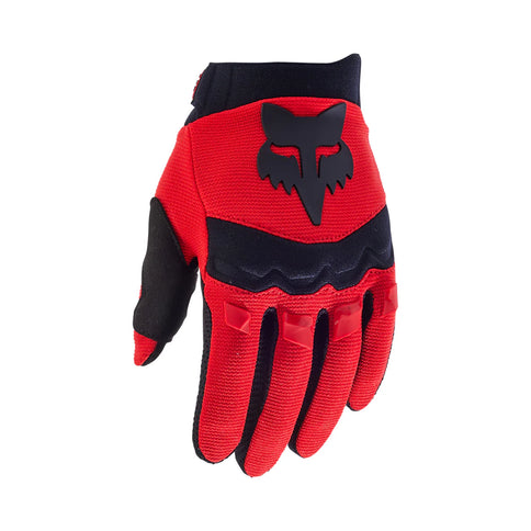 FOX Dirtpaw Youth MX Glove in Flo Red with padded palm and adjustable wrist strap, designed for motocross riding.