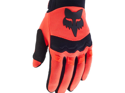 FOX Dirtpaw Youth MX Gloves in vibrant orange with black accents, showcasing durable construction and flexible fit for young riders.