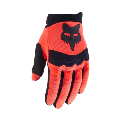 FOX Dirtpaw Youth MX Gloves in vibrant orange with black accents, showcasing durable construction and flexible fit for young riders.