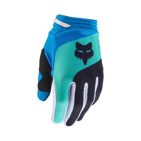 Fox 180 Ballast Youth MX gloves in black and blue with padded palms and flexible design for motocross riding.