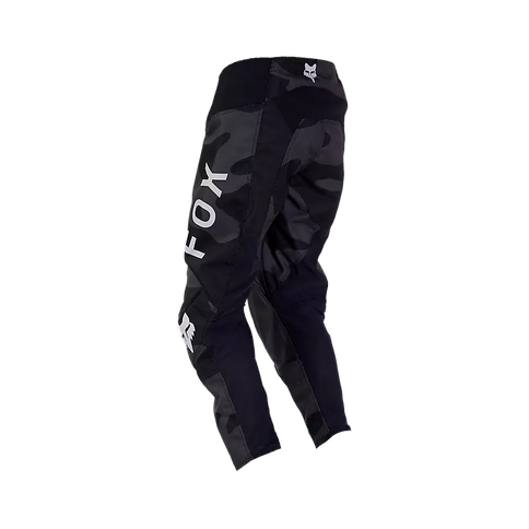 FOX 180 Bnkr Youth MX pants in camo with reinforced knee pads and adjustable waistband for motocross riding.