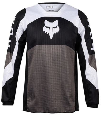 FOX 180 Nitro Youth MX Jersey in black and gray with breathable fabric and motocross design, ideal for young riders.