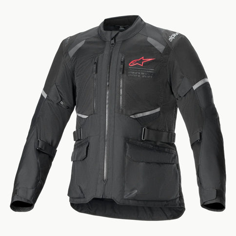 Metalize Alpinstars Andes Air Drystar adventure jacket in black with breathable fabric and multiple pockets for outdoor riding.