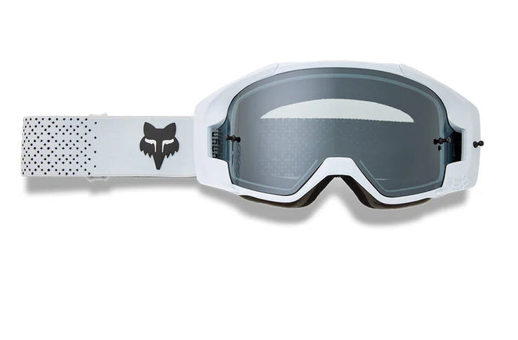 FOX VUE CORE MX Goggle in white with clear lens, featuring adjustable strap and ventilation for motocross riding.