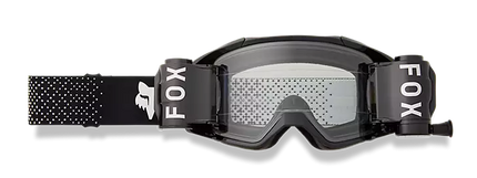 Black FOX VUE Roll Off MX goggles with clear lens and adjustable strap, designed for motocross riding.