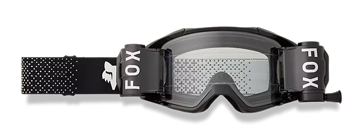 Black FOX VUE Roll Off MX goggles with clear lens and adjustable strap, designed for motocross riding.