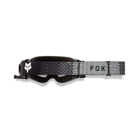 Black FOX VUE Roll Off MX goggles with tinted lenses and adjustable strap, designed for motocross riding.