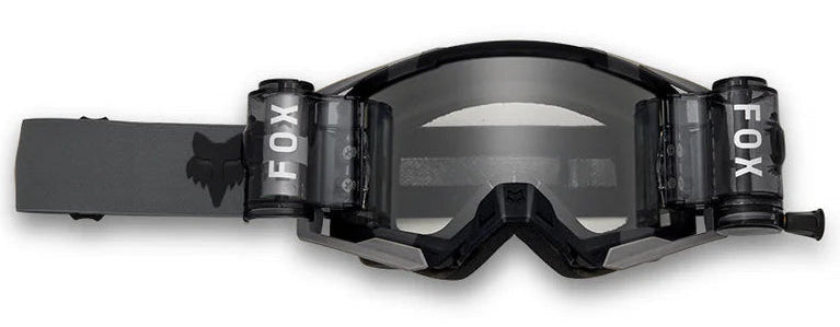 Black FOX AIRSPACE ROLL OFF MX goggles with clear lens and adjustable strap, designed for motocross riding.