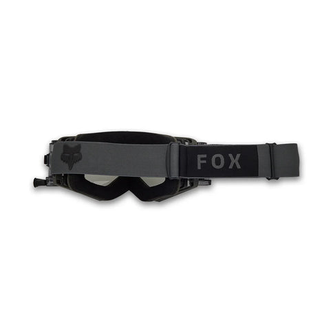 FOX AIRSPACE Roll Off MX Goggle in black showing the adjustable strap, clear lens, and foam padding for motocross riding.