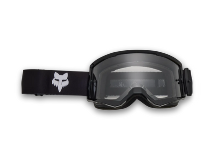 Black FOX MAIN CORE MX goggles with clear lenses and adjustable strap, designed for motocross riding.
