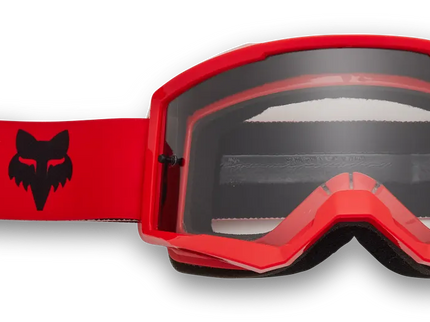 FOX MAIN CORE GOGGLE MX goggles with vibrant FLO RED lens and adjustable strap for motocross riding.