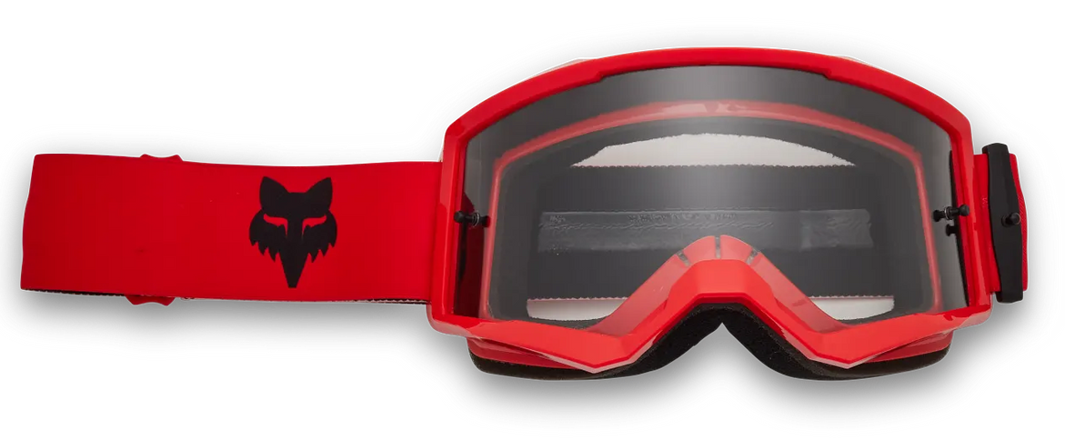 FOX MAIN CORE GOGGLE MX goggles with vibrant FLO RED lens and adjustable strap for motocross riding.