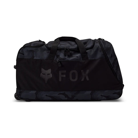 Black camo FOX Shuttle 180 gear bag with multiple compartments and sturdy handles, designed for fishing or outdoor gear storage.
