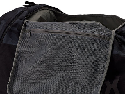 FOX Shuttle 180 gear bag in black camo, showing durable kit bag with handles and zipper for sports or outdoor gear storage.