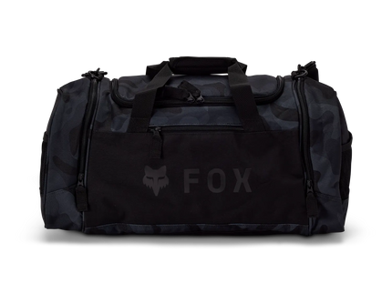 Black camo FOX 180 Duffle Gear Bag, a durable kit bag with spacious interior and sturdy handles for travel and sports use.