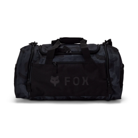 Black camo FOX 180 Duffle Gear Bag, a durable kit bag with spacious interior and sturdy handles for travel and sports use.