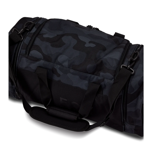 Black camouflage FOX 180 Duffle Gear Bag, durable kit bag with spacious main compartment and sturdy handles for travel or sports.