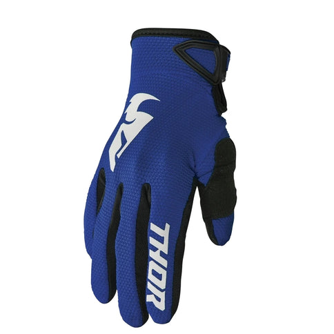 Red THOR Sector YTH motocross gloves with padded palms and adjustable wrist straps, designed for young riders.