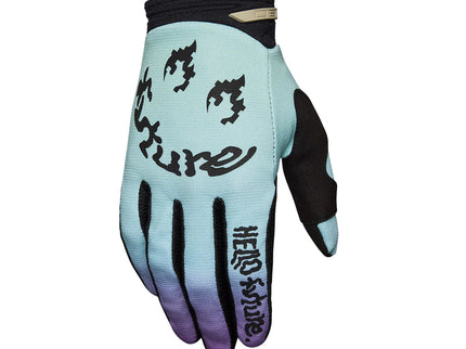 FOX 180 Hello Future MX gloves in light blue, featuring durable construction and flexible design for motocross riding.