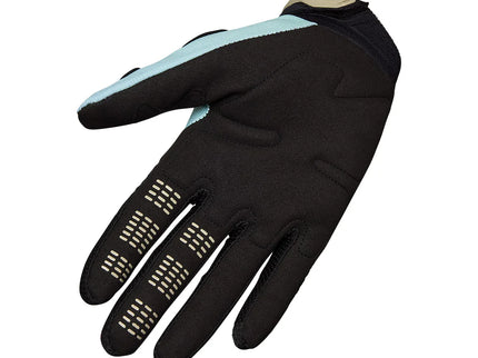 FOX 180 Hello Future MX gloves in light blue with reinforced palms and flexible design for motocross riding.