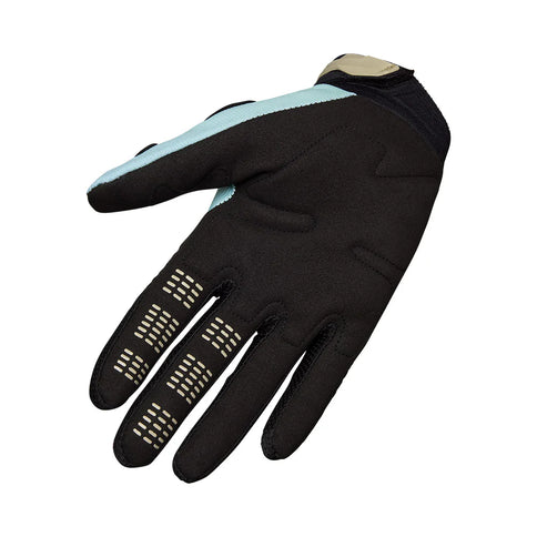 FOX 180 Hello Future MX gloves in light blue with reinforced palms and flexible design for motocross riding.