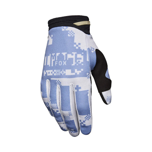 FOX 180 DIGI IMAGE MX gloves in light silver with padded palms and textured grip for motocross riding.