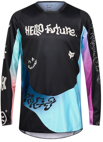 Black FOX 180 Hello Future MX jersey with logo and design details, lightweight and breathable motocross apparel.