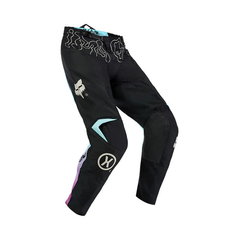 Black FOX MX 180 Hello Future Pant with durable fabric and adjustable waist for motocross riding comfort.