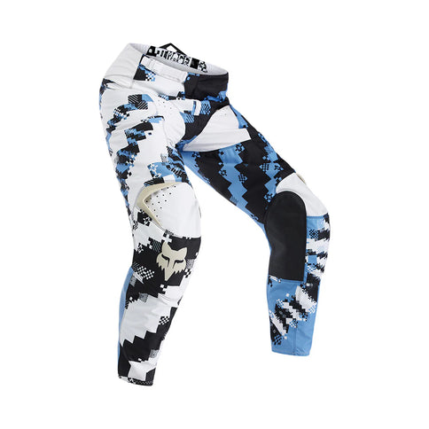 White FOX 180 DIGI IMAGE MX pant with adjustable waistband and reinforced knee panels for motocross riding.