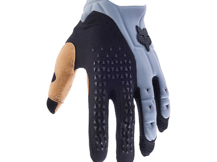 Black and grey FOX PAWTECTOR MX gloves with padded palms and adjustable wrist straps, designed for motocross riding.
