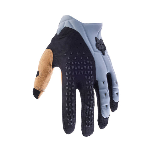 Black and grey FOX PAWTECTOR MX gloves with padded palms and adjustable wrist straps, designed for motocross riding.