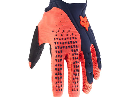 FOX PAWTECTOR MX gloves in navy and orange with padded palms and adjustable wrist straps for off-road motorcycle riding.