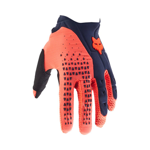 FOX PAWTECTOR MX gloves in navy and orange with padded palms and adjustable wrist straps for off-road motorcycle riding.