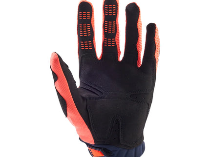 FOX PAWTECTOR MX gloves in navy and orange with padded palms and adjustable wrist straps, designed for motocross riding.