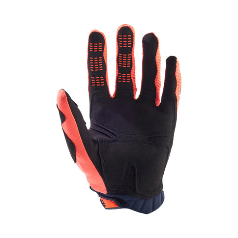 FOX PAWTECTOR MX gloves in navy and orange with padded palms and adjustable wrist straps, designed for motocross riding.