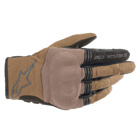 Alpinestars Copper Gloves Teak, black and copper road motorcycle gloves with reinforced palms and adjustable wrist straps.