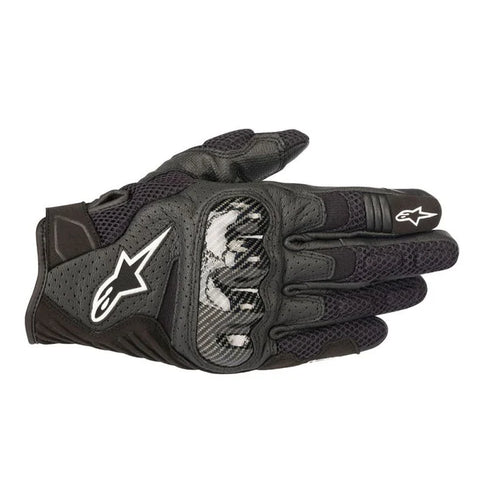 Black Alpinestars SMX-1 Air V2 Carbon motorcycle gloves with protective carbon knuckles and breathable design.
