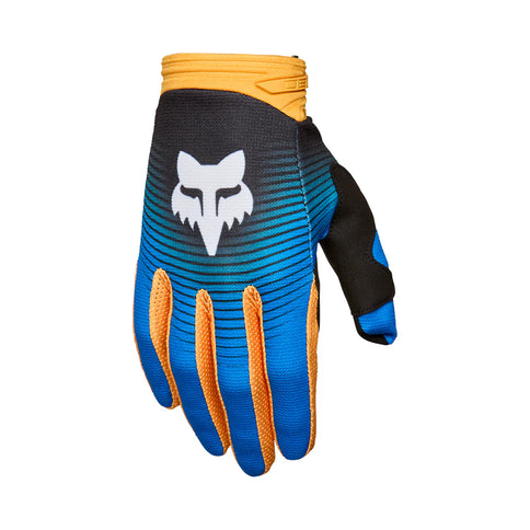 Blue FOX 180 COLLECT MX gloves featuring padded knuckles and breathable fabric for motocross protection and comfort.