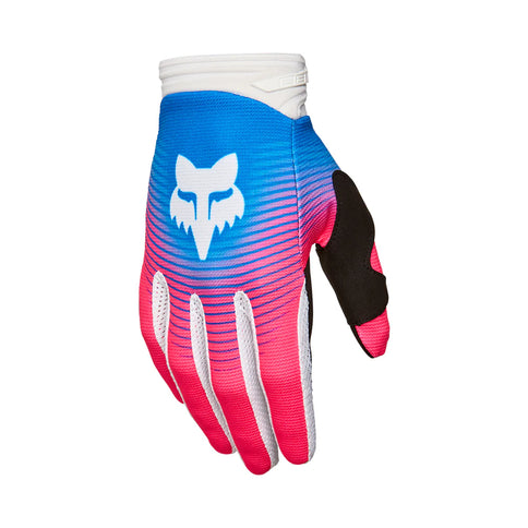 Blue and pink FOX 180 Collect MX gloves with reinforced knuckles and adjustable wrist closures, designed for motocross riding.
