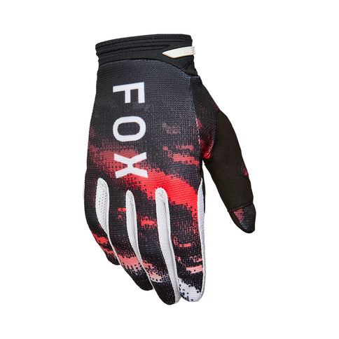 White FOX 180 Kairos MX gloves with red accents, featuring padded palms and flexible design for motocross riding.