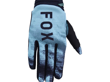 FOX 180 Kairos Youth MX gloves in turquoise, featuring padded palm and flexible design for motocross riding.