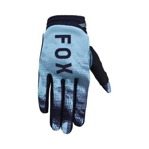 FOX 180 Kairos Youth MX gloves in turquoise, featuring padded palm and flexible design for motocross riding.