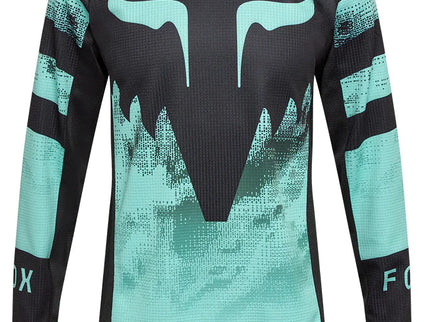 Fox 180 Kairos Youth MX Jersey in turquoise, featuring lightweight, breathable fabric and vibrant motocross design.