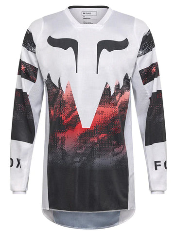 Fox 180 Kairos MX jersey in white with red accents, lightweight and breathable motocross jersey with FOX branding.