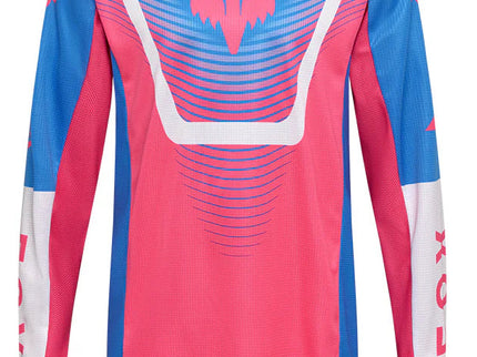 Blue and pink FOX 180 Collect MX jersey with breathable fabric and logo details, ideal for motocross riding.