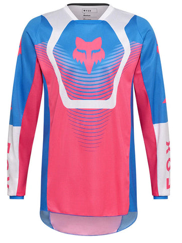 Blue and pink FOX 180 Collect MX jersey with breathable fabric and logo details, ideal for motocross riding.