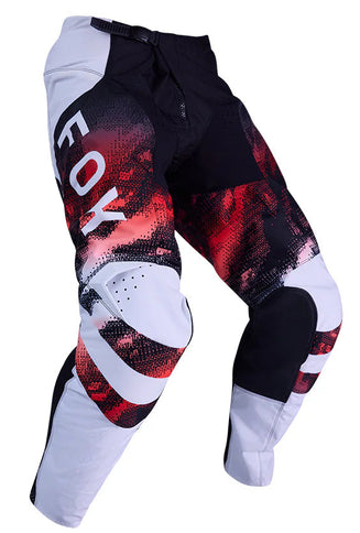 White FOX 180 Kairos MX pants with red accents, showcasing durable motocross gear and flexible fit.