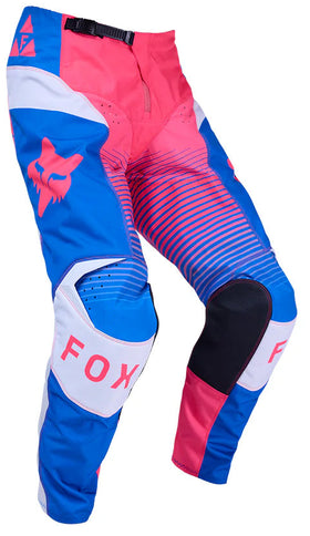 Blue and pink MX pants from FOX, 180 Collect Pant style, featuring durable fabric and sporty design for motocross riding.