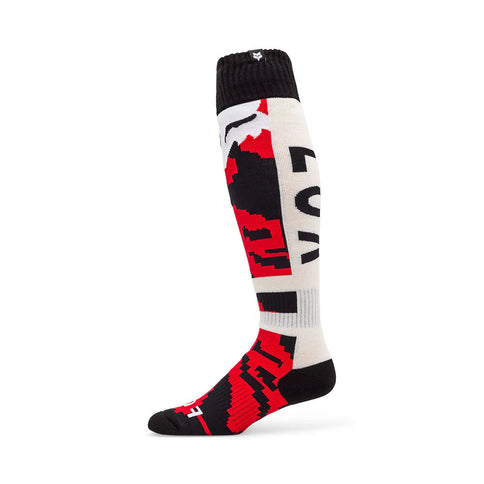 FOX 180 Kairos MX Socks in white and fluorescent red featuring breathable fabric and cushioned support for motocross riding.