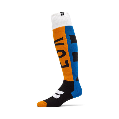 Blue FOX MX Socks 180 Collect Sock with cushioned design and branded logo, suitable for motocross riding and active sports.